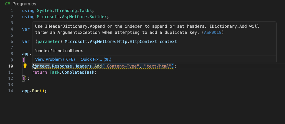 Demonstration of the ASP0019 'Use IHeaderDictionary.Add' code fix being applied in VSCode.